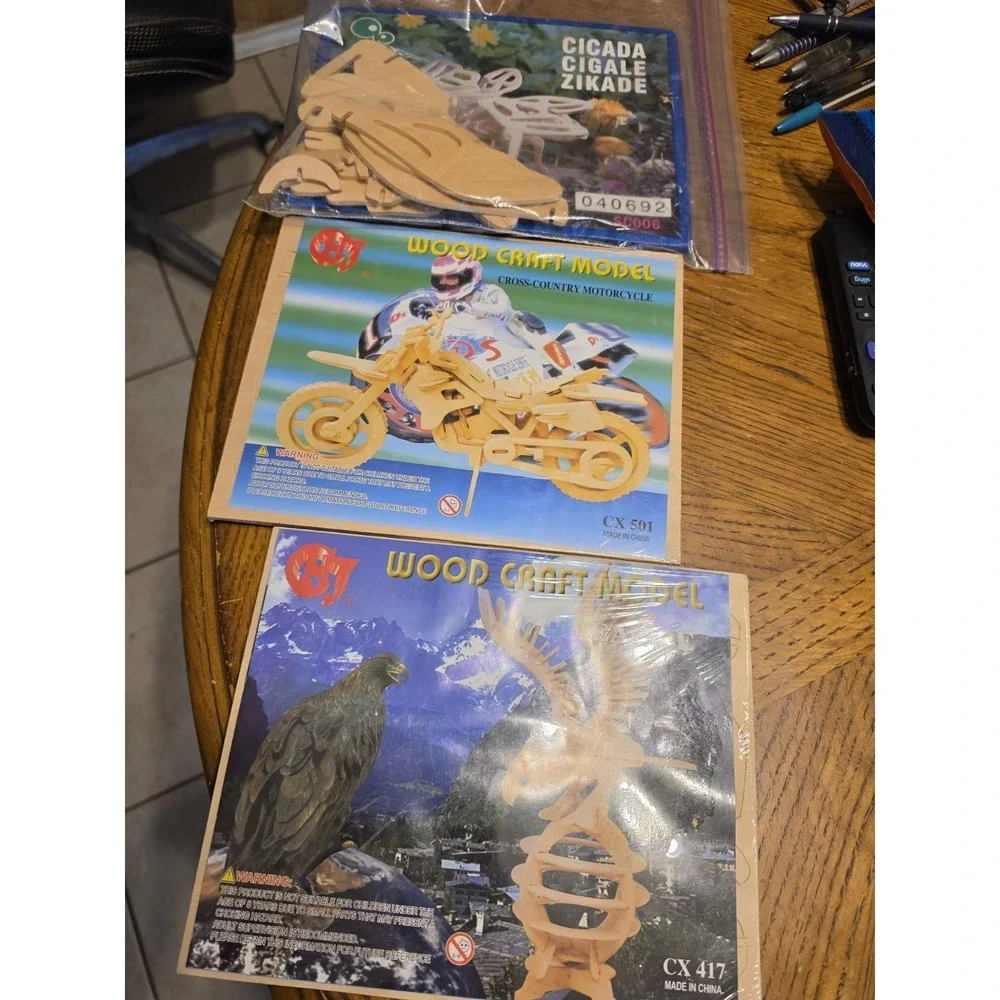 3- Construction Kit 3-D Puzzle Wood Craft Model Motorcyle, Eagle, Cicada